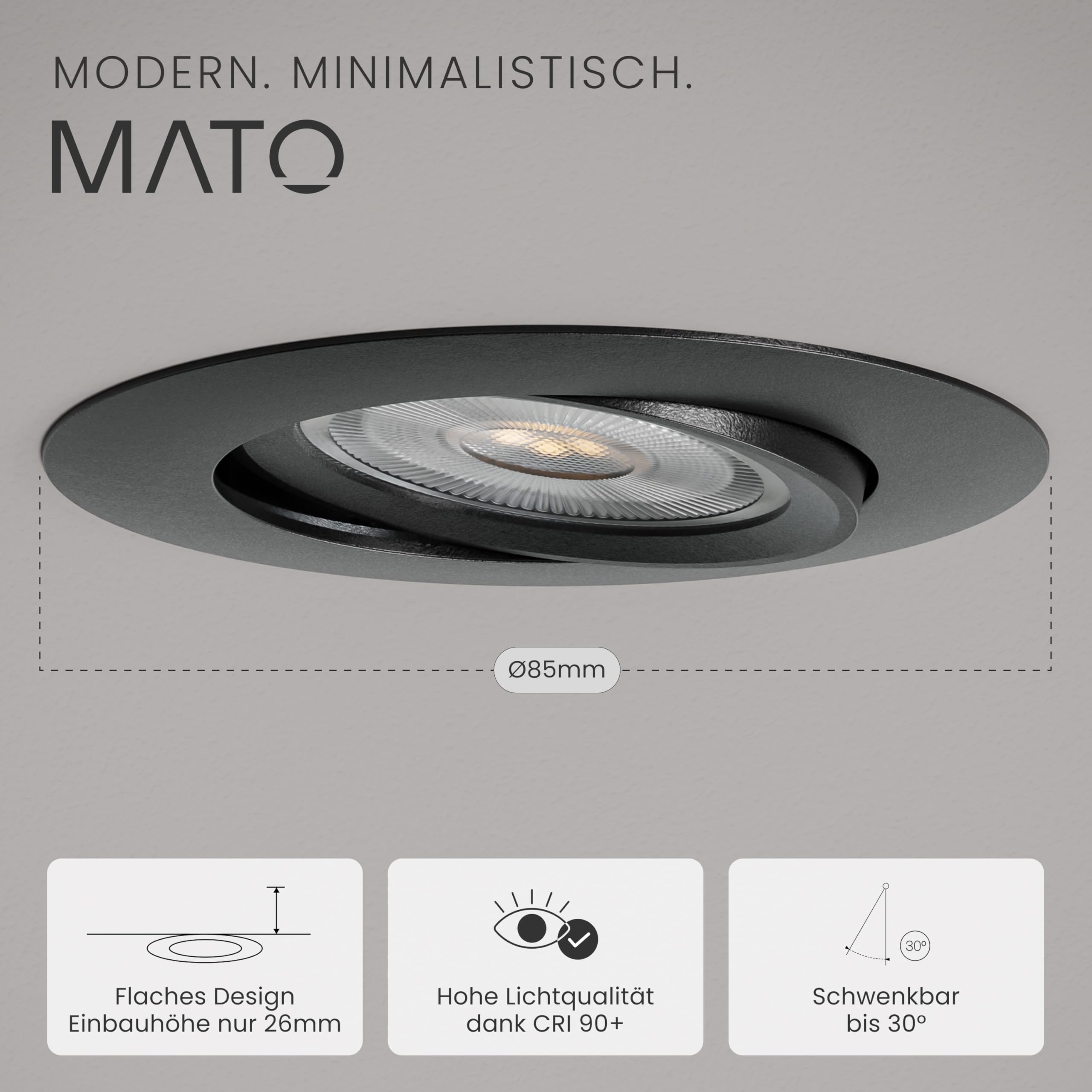 MATO LED Einbaustrahler 75mm 6er Set schwarz dimmbar