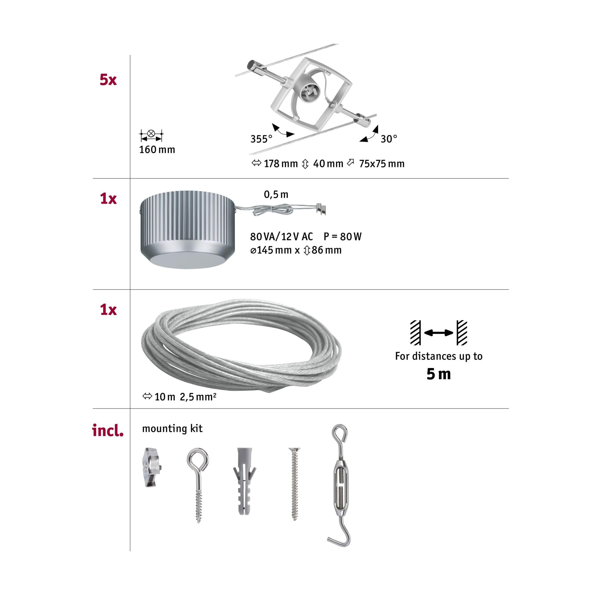 Paulmann Mac II Seilsystem 5 Spots Chrom matt