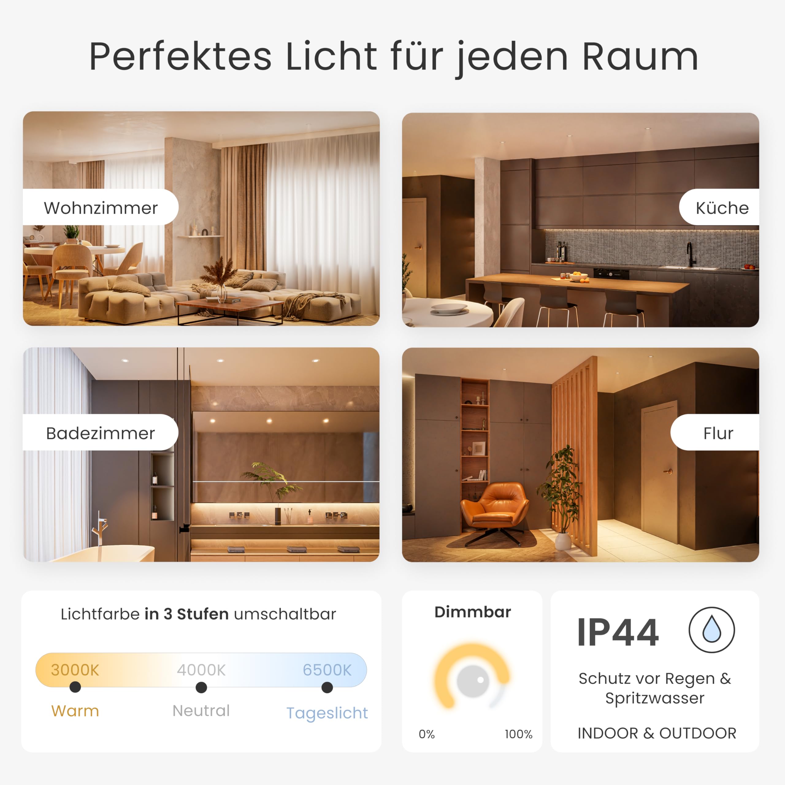 MATO LED Einbaustrahler 68mm 6er Set dimmbar IP44