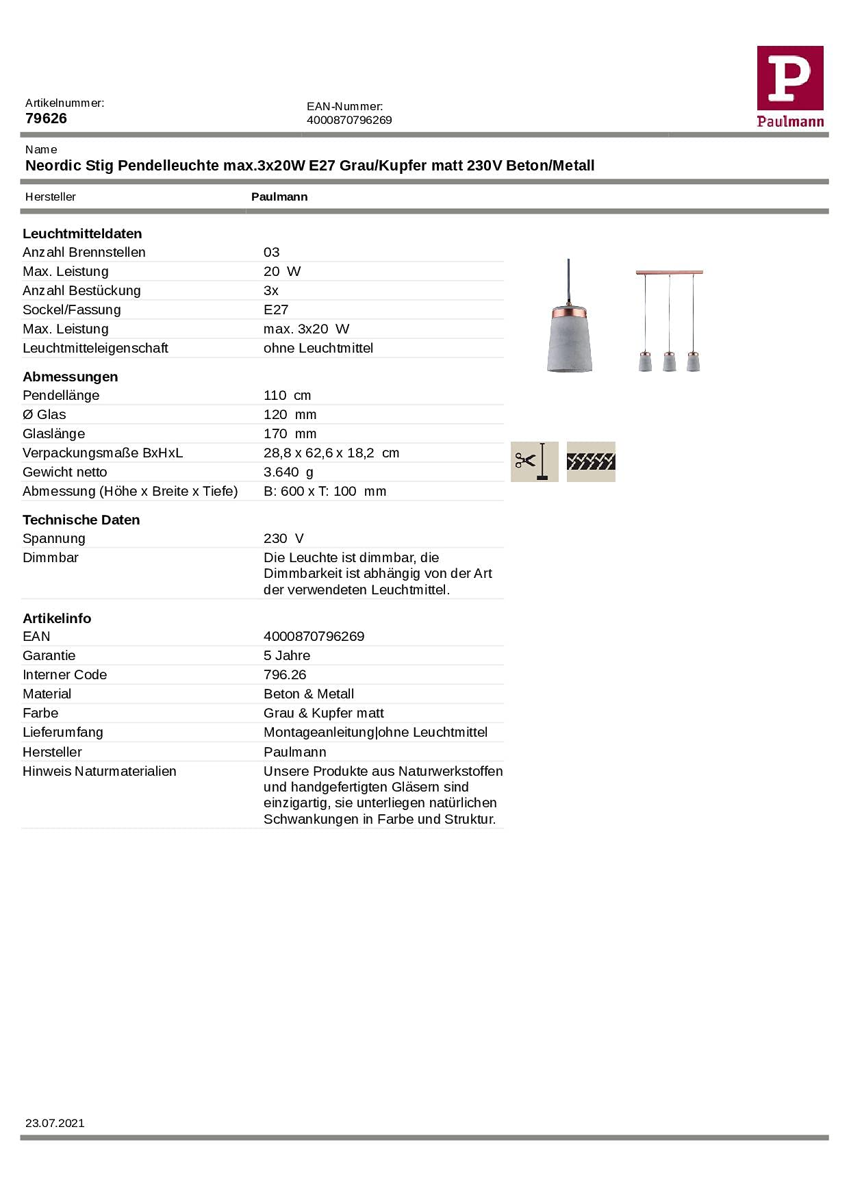 Paulmann Neordic Stig 3er-Pendel E27 Beton Kupfer