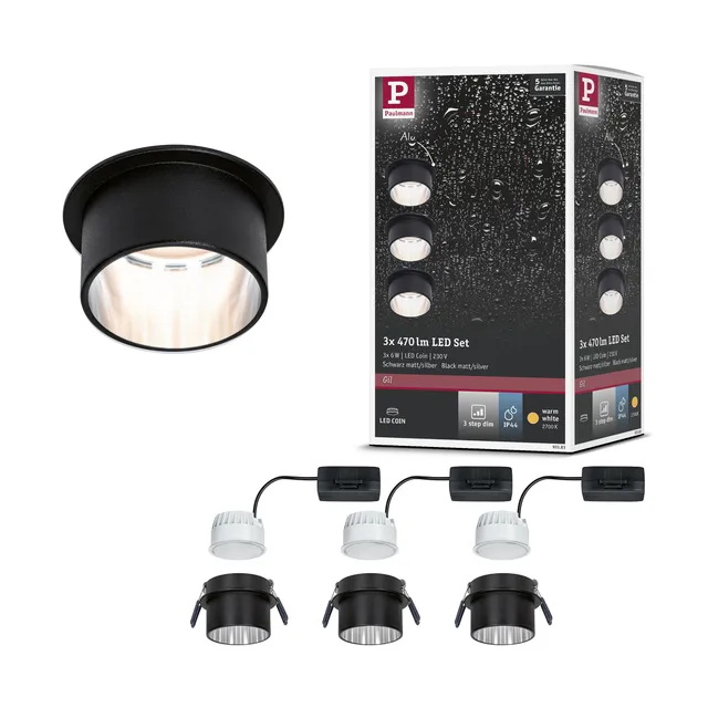 Paulmann Gil Coin Einbaustrahler 3er-Set schwarz-matt 2700K