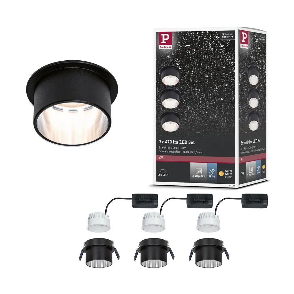 Paulmann Gil Coin Einbaustrahler 3er-Set schwarz-matt 2700K