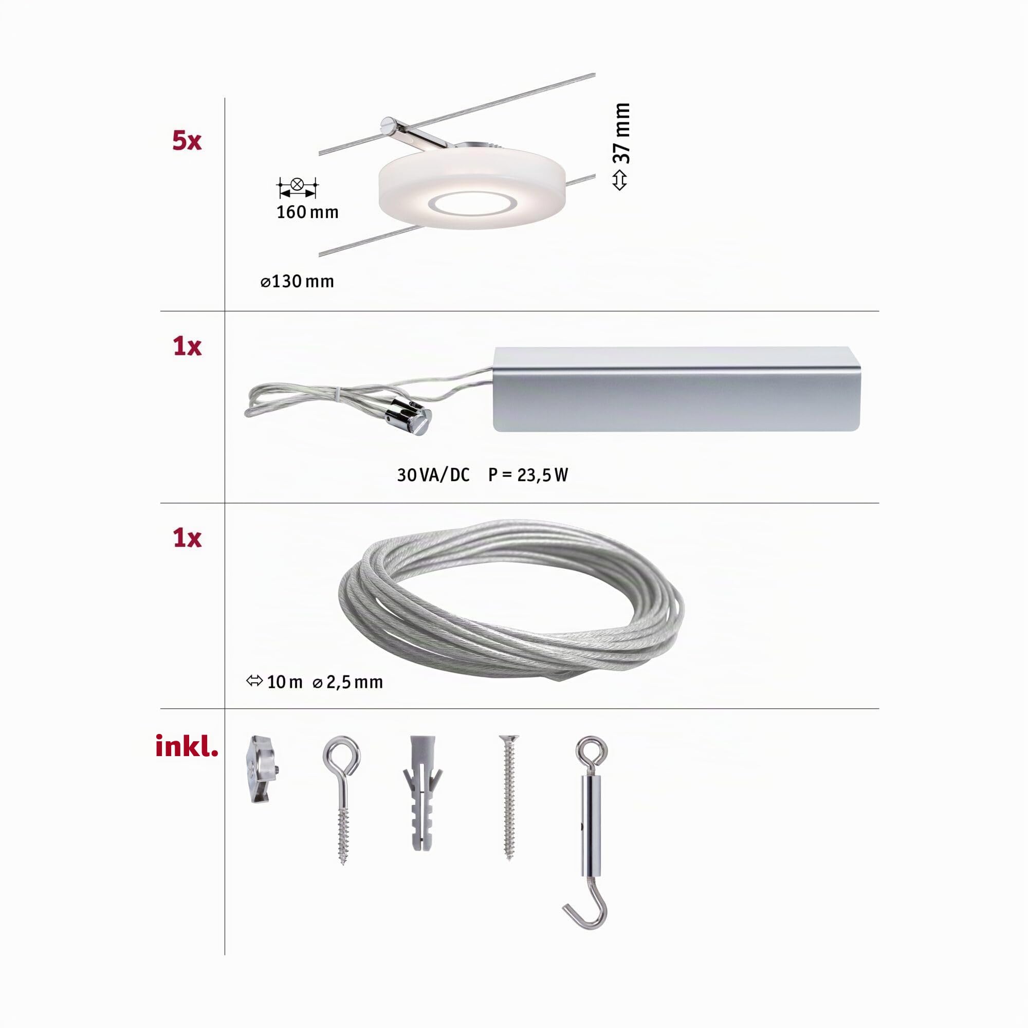 Paulmann DiscLED Seilsystem Set 5x4W warmweiß chrom