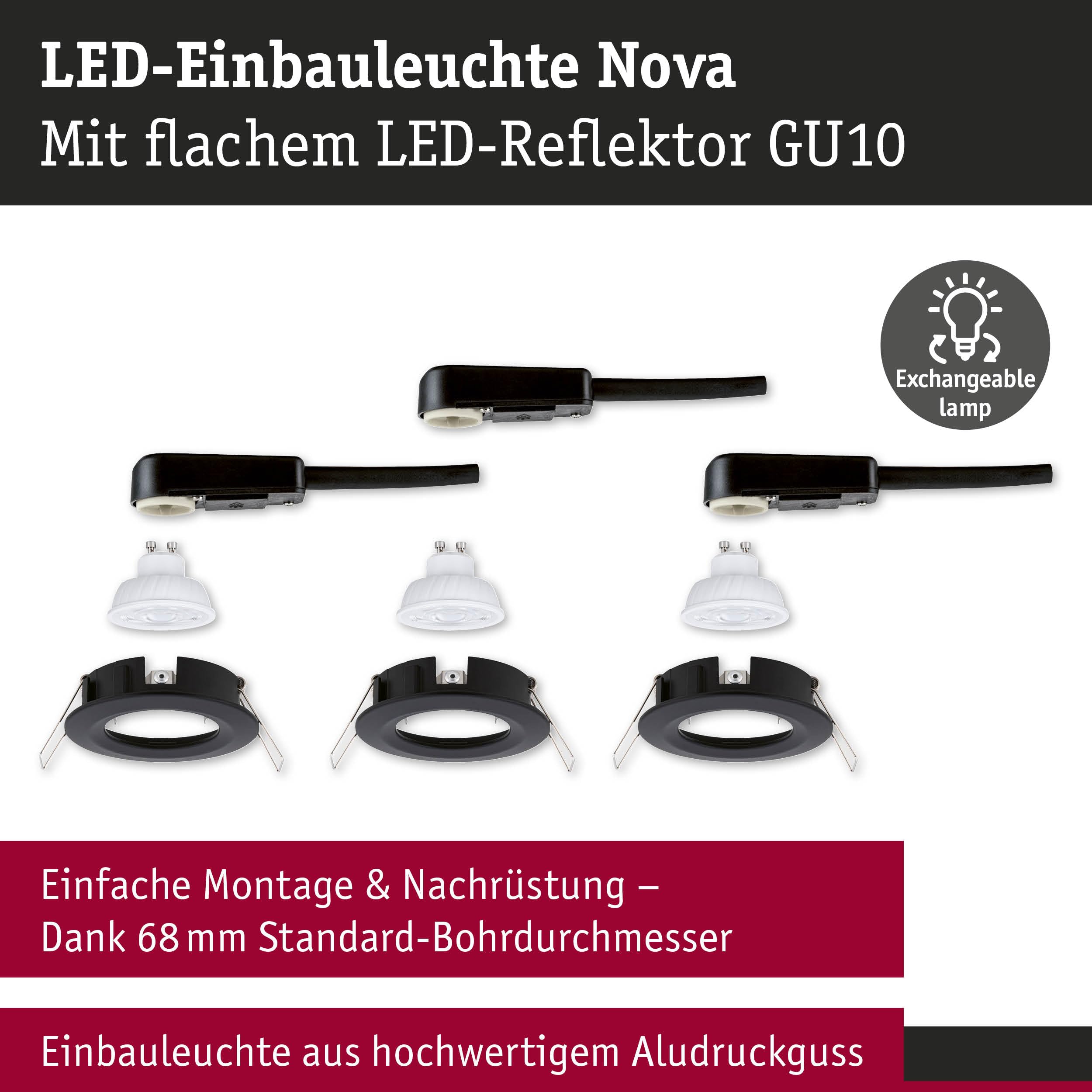 Paulmann Nova 92311 Einbauleuchten schwarz 3er-Set 2700K warmweiß