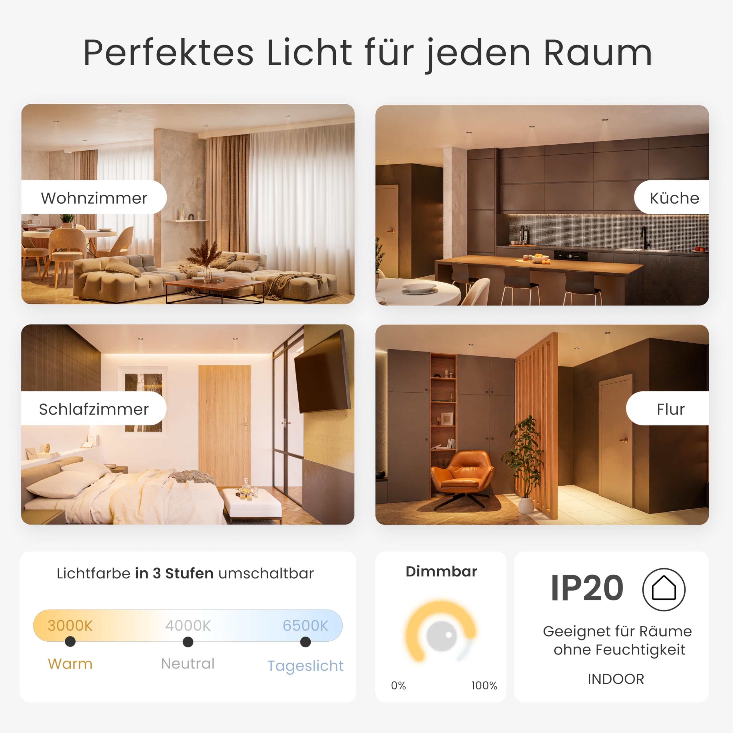 MATO LED Einbaustrahler 75mm 6er Set schwarz dimmbar